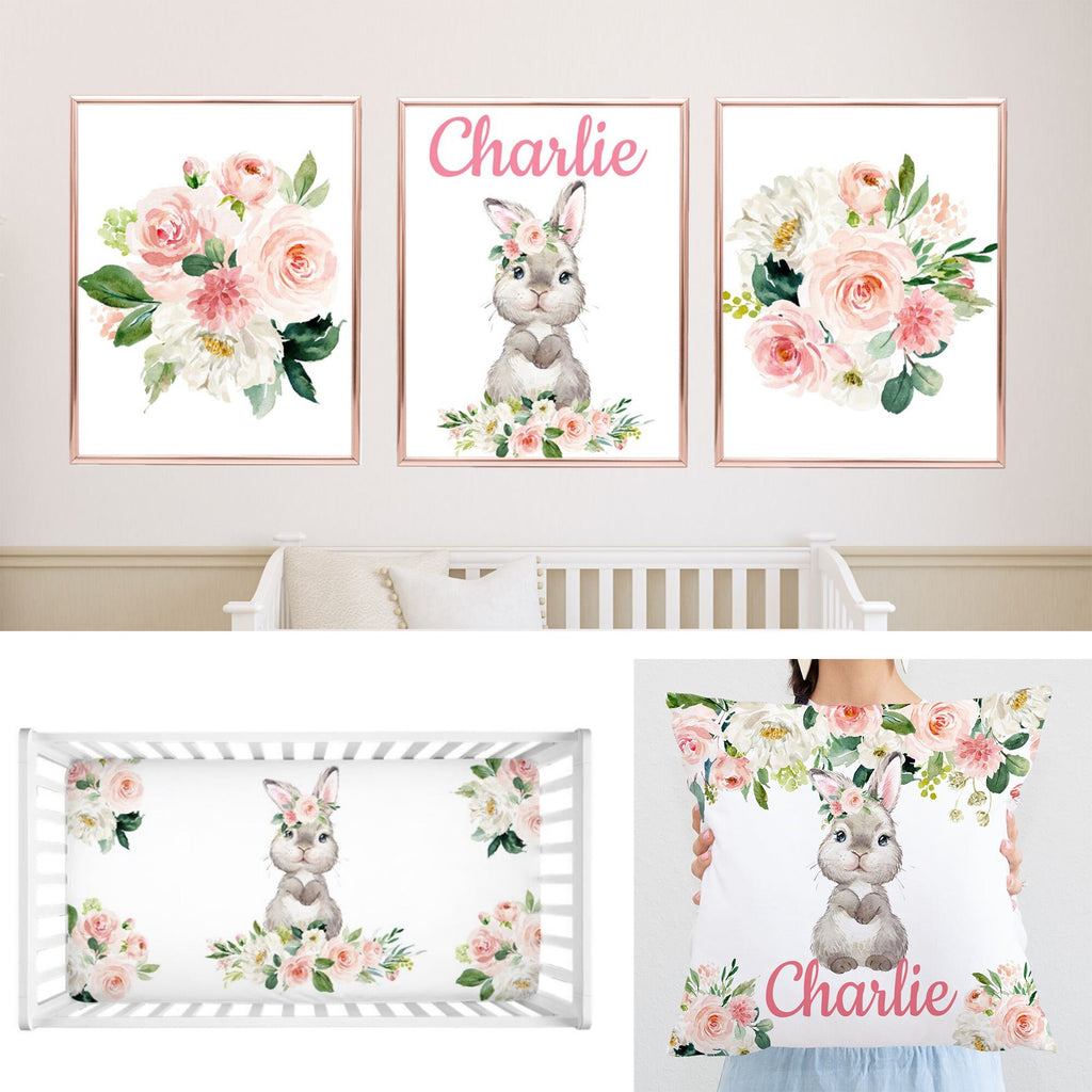 Bunny Blush Pink Floral Roses Girl Baby Nursery Decor Shower Gift Set :Crib Sheet,16x16 Throw Pillow,3(11x14) Unframed Wall Art