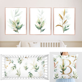 Eucalyptus Greenery Leaves Gold Nursery Decor Boy Girl Neutral Gift Collection:-Crib Sheet,16x16 Throw Pillow,3(11x14) Unframed Wall Art