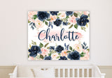 Navy Blush Pink Floral Girl Nursery Name Sign Flowers Over The Crib Wall Art Bedroom Decor Personalized Baby Shower Gift CANVAS C977