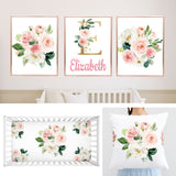 Blush Pink Floral Roses Flowers Girl Baby Nursery Decor Shower Gift Set :Crib Sheet,16x16 Throw Pillow,3(11x14) Unframed Wall Art
