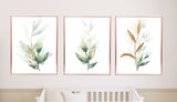 Eucalyptus Greenery Leaves Gold Nursery Decor Boy Girl Neutral Gift Collection:-Crib Sheet,16x16 Throw Pillow,3(11x14) Unframed Wall Art