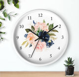 Floral Wall Clock, Navy Blue Blush Pink Watercolor Flowers Nursery Wall Clock, Girl Bedroom Decor