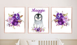 Penguins Purple Watercolor Floral Girl Nursery Decor Baby Shower Gift Set :Crib Sheet,16x16 Throw Pillow,3(11x14) Unframed Wall Art