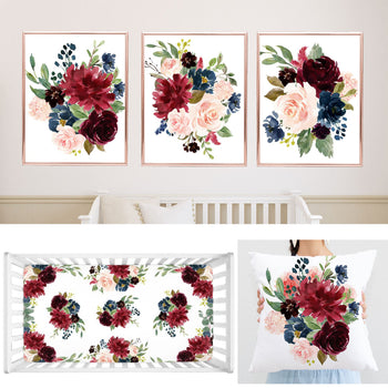 Burgundy Red Blush Pink Navy Blue Floral Girl Nursery Decor Gift Collection: Crib Sheet,16x16 Throw Pillow,3(11x14) Unframed Wall Art