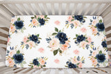 Navy Blush Pink Floral Crib Sheet, Watercolor Flowers Newborn Baby Shower Gift Nursery Crib Mattress Cover 127