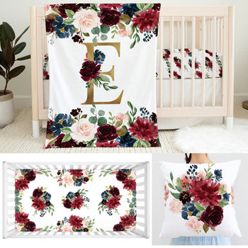 Burgundy Red Blush Pink Navy Blue Floral Girl Nursery Collection-Includes Crib Sheet,16x16 Throw Pillow, 30x40 Minky Blanket Baby Gift Set