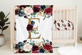 Burgundy Red Blush Pink Navy Blue Floral Girl Nursery Collection-Includes Crib Sheet,16x16 Throw Pillow, 30x40 Minky Blanket Baby Gift Set