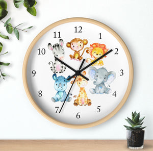 Safari Animals  Wall Clock, Watercolor  Nursery Wall Clock, Girl Boy Bedroom Decor, Zoo Animals Nursery Elephant Monkey Giraffe Zebra Lion