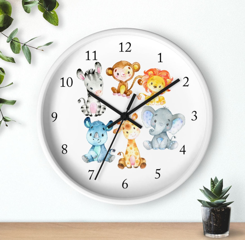 Safari Animals  Wall Clock, Watercolor  Nursery Wall Clock, Girl Boy Bedroom Decor, Zoo Animals Nursery Elephant Monkey Giraffe Zebra Lion