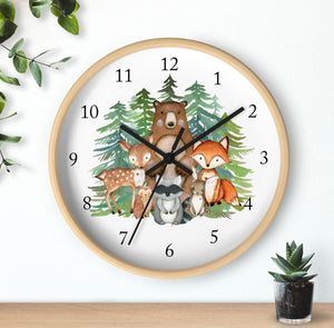 Woodland Animals Wall Clock, Watercolor Evergreens Pine Trees Forest  Bear Dear Fox Owl  Raccoon Nursery Decor Baby  Boy Bedroom Sign 117