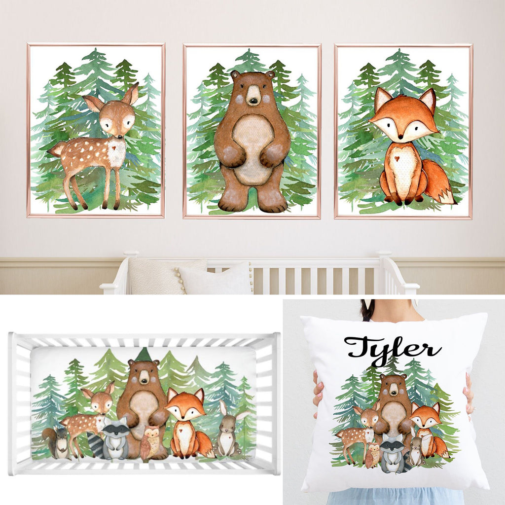 Woodland Animals Evergreens Pine Trees Forest Nursery Decor Baby Shower Gift Set: Crib Sheet,16x16 Throw Pillow,3(11x14) Unframed Wall Art