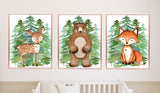 Woodland Animals Evergreens Pine Trees Forest Nursery Decor Baby Shower Gift Set: Crib Sheet,16x16 Throw Pillow,3(11x14) Unframed Wall Art