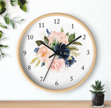 Floral Wall Clock, Navy Blue Blush Pink Watercolor Flowers Nursery Wall Clock, Girl Bedroom Decor