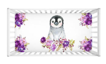 Penguin Baby Girl Crib Sheet Watercolor Purple Lavender Floral Newborn Toddler Flowers Shower Gift Nursery Crib Mattress Cover C146