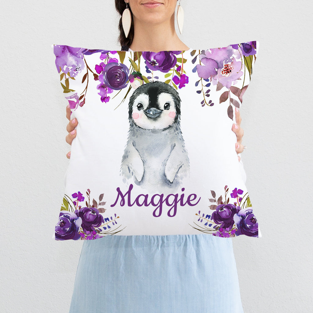 Penguins Purple Watercolor Floral Girl Nursery Decor Baby Shower Gift Set :Crib Sheet,16x16 Throw Pillow,3(11x14) Unframed Wall Art