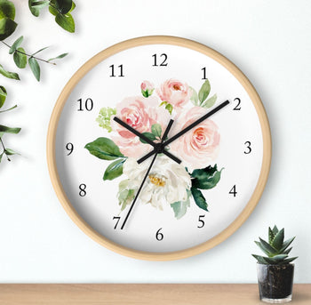 Floral Wall Clock, Blush Pink Coral Watercolor Flowers Nursery Wall Clock, Baby Girl Bedroom Decor T112