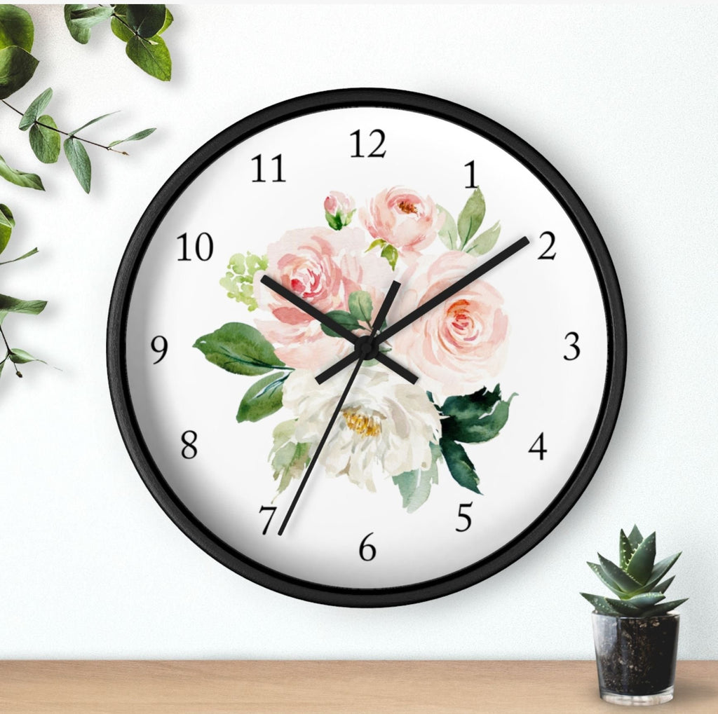 Floral Wall Clock, Blush Pink Coral Watercolor Flowers Nursery Wall Clock, Baby Girl Bedroom Decor T112