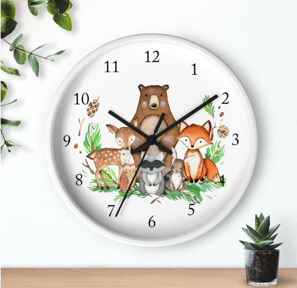Woodland Animals Wall Clock, Watercolor  Nursery Wall Clock, Girl Bedroom Decor, Woodland Forest Animals Nursery Decor Fox Bear DeerT114