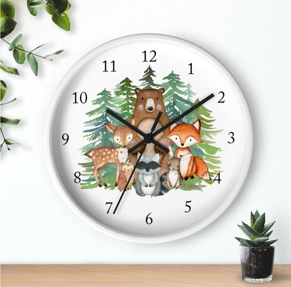 Woodland Animals Wall Clock, Watercolor Evergreens Pine Trees Forest  Bear Dear Fox Owl  Raccoon Nursery Decor Baby  Boy Bedroom Sign 117