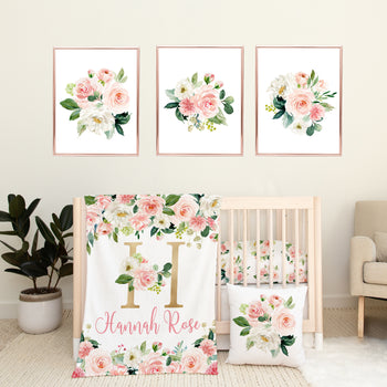 Blush Pink Floral Baby Girl Nursery Bedding Collection Set: Crib Sheet,16x16 Throw Pillow,30x40 Minky Blanket,3(11x14) Wall Art