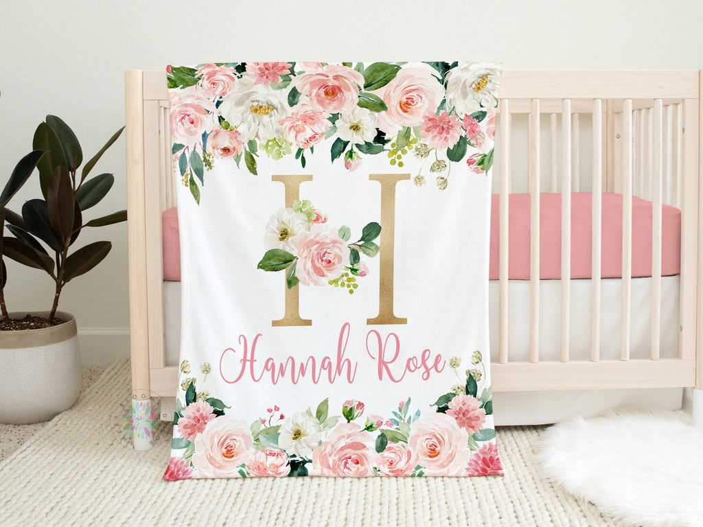 Blush Pink Floral Baby Girl Nursery Bedding Collection Set: Crib Sheet,16x16 Throw Pillow,30x40 Minky Blanket,3(11x14) Wall Art