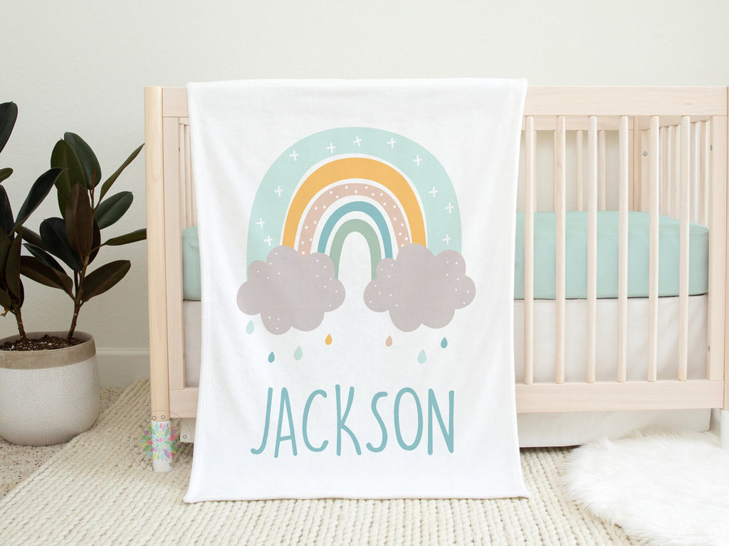 Rainbow Nursery Bedding Set Boy Girl Gender Neutral Crib Sheet,16x16 Throw Pillow,30x40 Minky Blanket,3(11x14) Wall Art, Baby Shower Gift