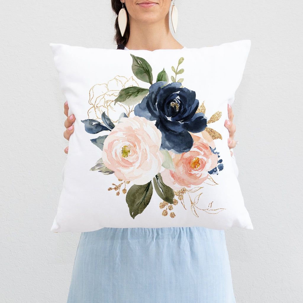 Blush Pink Navy Blue Gold Floral Girl Nursery Decor Collection Gift Set: Crib Sheet,16x16 Pillow,30x40 Minky Blanket,3(11x14) Wall Art set