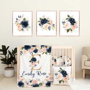 Blush Pink Navy Blue Gold Floral Girl Nursery Decor Collection Gift Set: Crib Sheet,16x16 Pillow,30x40 Minky Blanket,3(11x14) Wall Art set