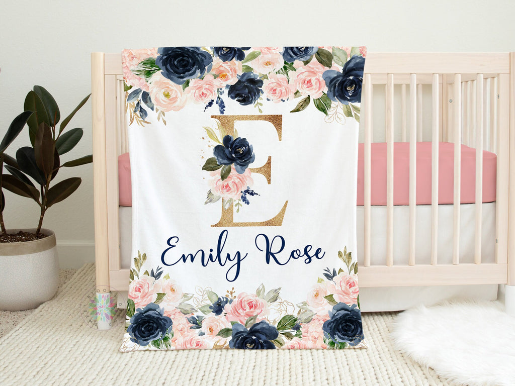 Blush Pink Navy Blue Gold Floral Girl Nursery Bedding Decor: Collection Crib Sheet,16x16 Throw Pillow,30x40 Minky Blanket,3(11x14) Wall Art