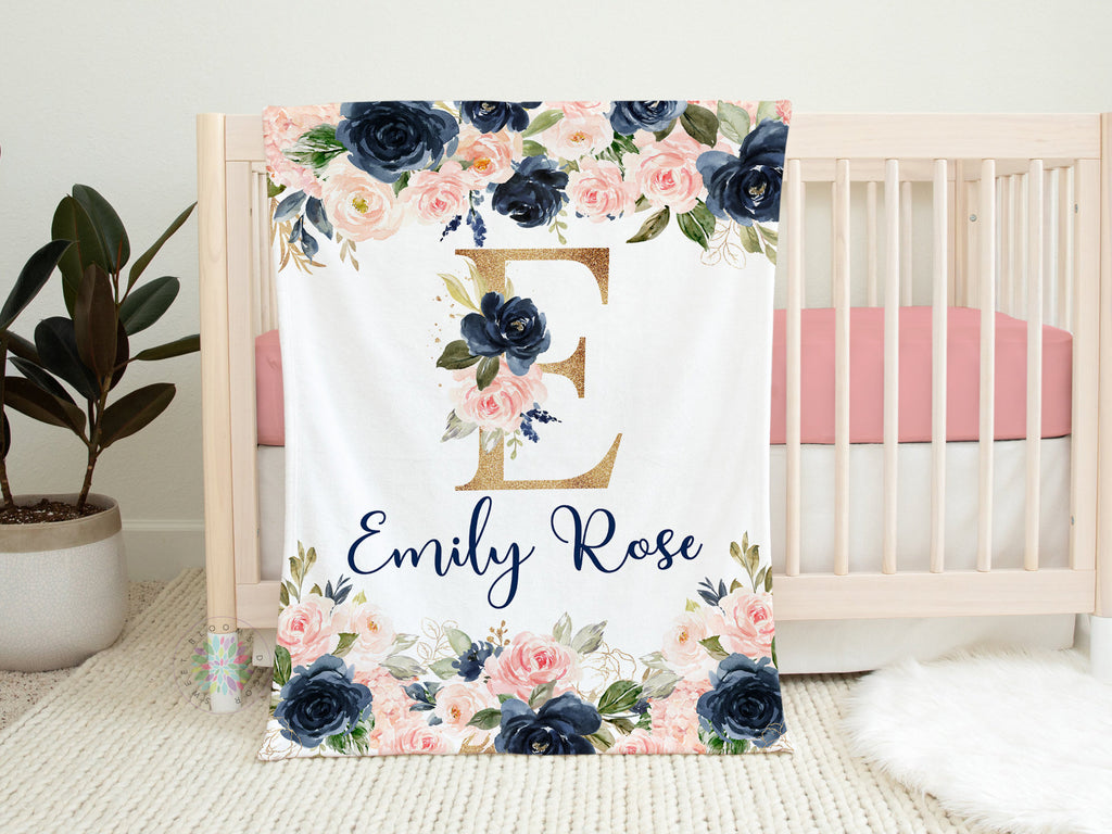Blush Pink Navy Blue Gold Floral Girl Nursery Decor Collection Gift Set: Crib Sheet,16x16 Pillow,30x40 Minky Blanket,3(11x14) Wall Art set