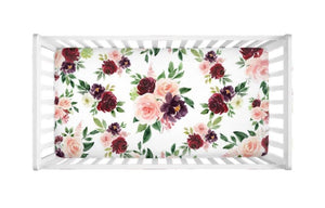 Floral minky Crib Sheet Blush Pink Burgundy Red Maroon Flowers Shower Gift Nursery Crib Mattress Cover C150