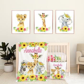 Safari Animals Sunflowers Yellow Pink Floral Girl Nursery Collection:Crib Sheet,16x16 Throw Pillow,30x40 Minky Blanket,3(11x14) Wall Art,
