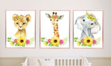 Safari Animals Sunflowers Yellow Pink Floral Girl Nursery Collection:Crib Sheet,16x16 Throw Pillow,30x40 Minky Blanket,3(11x14) Wall Art,