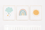 Rainbow Nursery Bedding Set Boy Girl Gender Neutral Crib Sheet,16x16 Throw Pillow,30x40 Minky Blanket,3(11x14) Wall Art, Baby Shower Gift