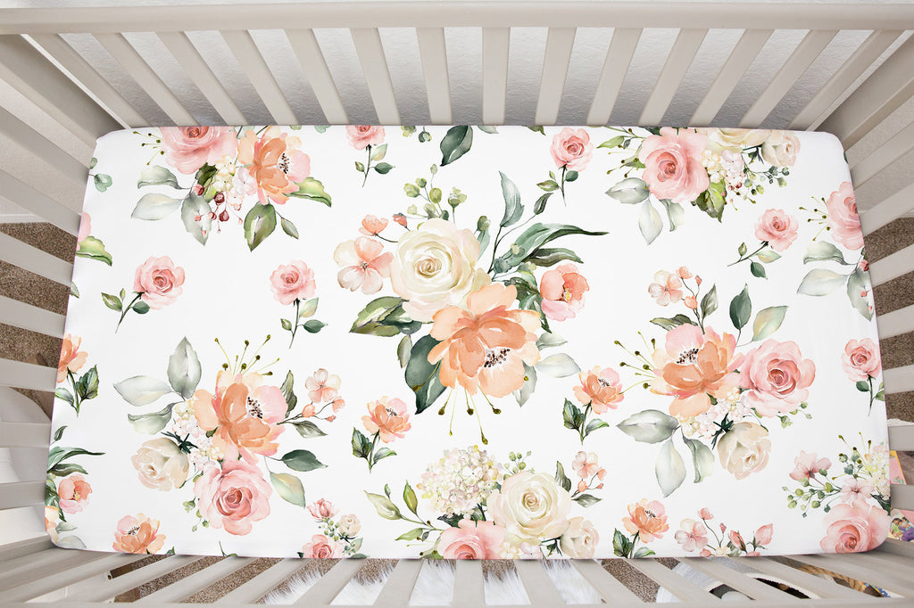 Floral Crib Sheet Watercolor Peach Coral Blush Pink Flowers Roses Newborn Baby Girl Flowers Shower Gift Nursery Crib Mattress Cover C159