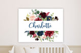 Floral Girl Nursery Wall Art Burgundy Red Blush Pink Navy Blue Flowers Name Sign Bedroom Decor Personalized Baby Shower Gift CANVAS C991