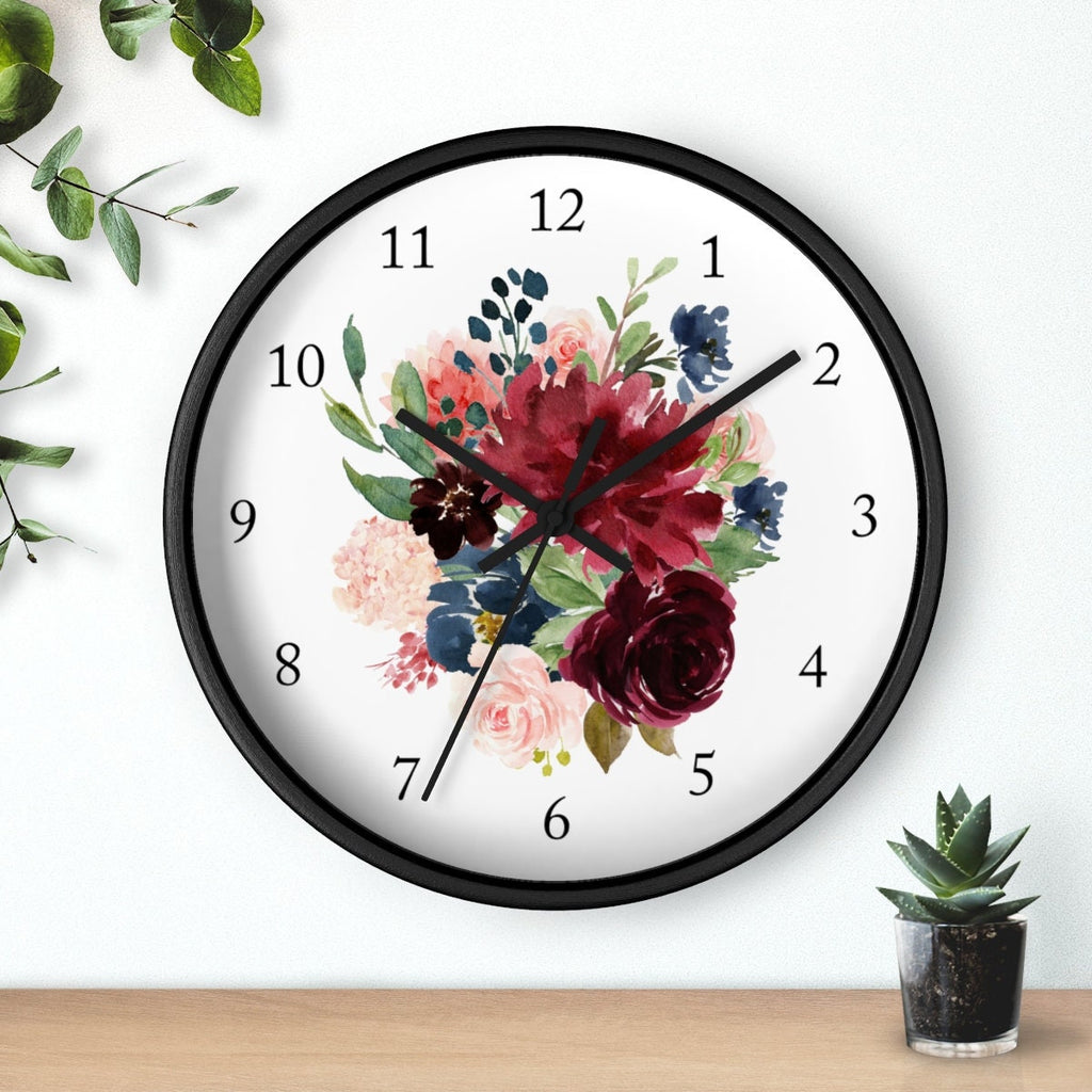 Floral Wall Clock, Blush Pink Navy Blue Maroon Burgundy Red Watercolor Flowers Roses Nursery Wall Clock, Girl Bedroom Wall Decor 119