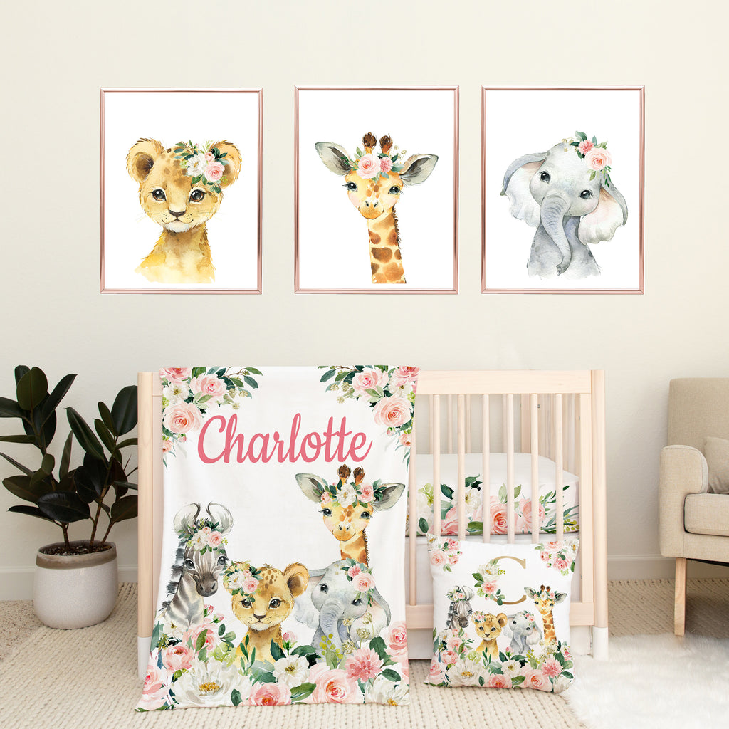 Safari Animals Blush Pink Floral Baby Girl Nursery Baby Shower Gift: Crib Sheet,16x16 Throw Pillow,30x40 Minky Blanket,3(11x14) Wall Art,