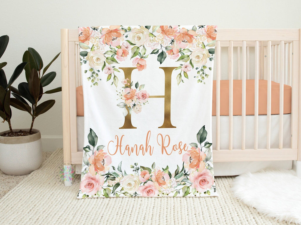 Peach Blush Pink Floral Baby Girl Nursery Bedding Baby Shower Gift: Crib Sheet,16x16 Throw Pillow,30x40 Minky Blanket,3(11x14) Wall Art