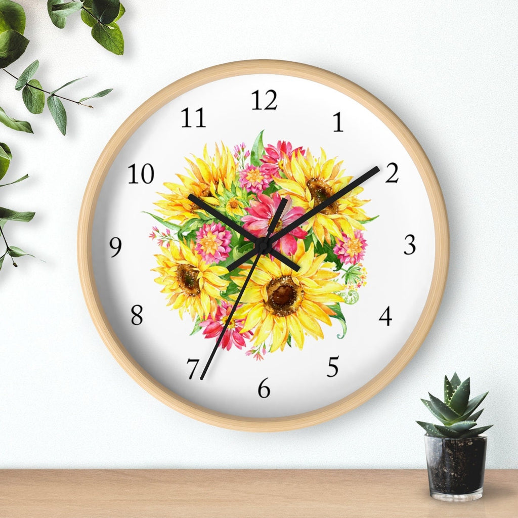 Sunflowers Floral Wall Clock, Watercolor Yellow Pink Sunflowers Nursery Wall Clock, Baby Girl Bedroom Decor