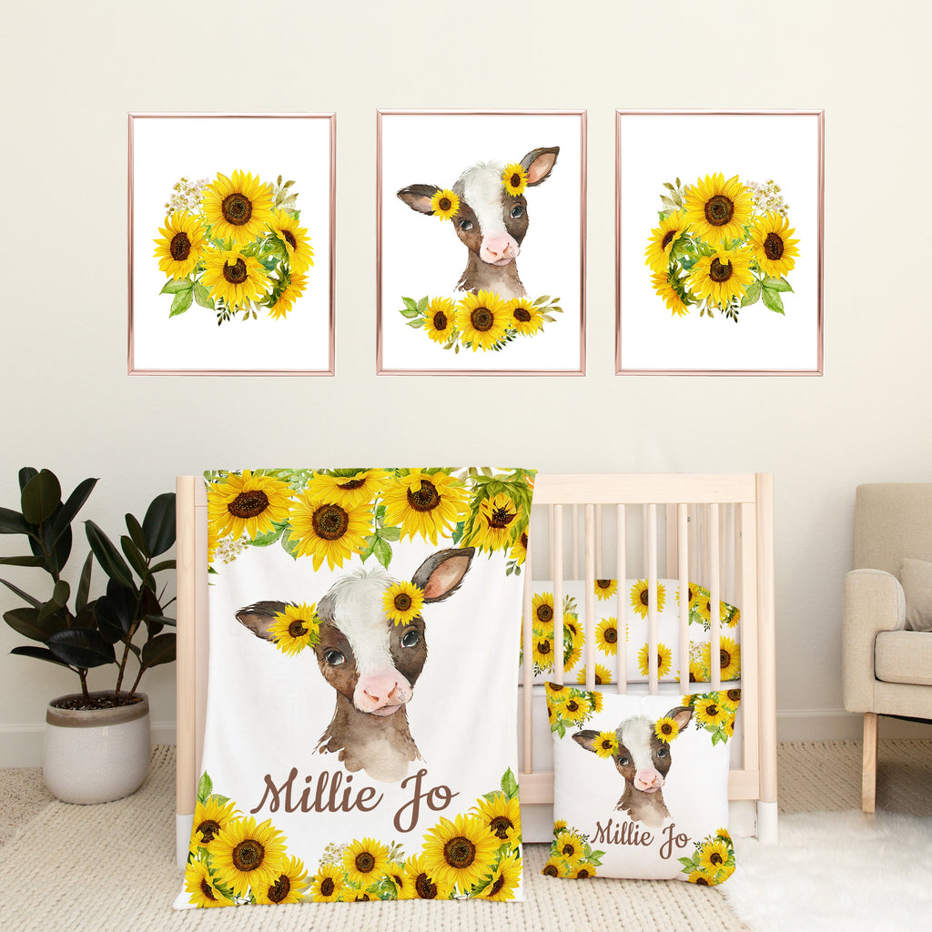 Cow Sunflowers Floral Girl Nursery Crib Bedding Set Collection Baby Gift:Crib Sheet,16x16 Throw Pillow,30x40 Minky Blanket,3(11x14) Wall Art
