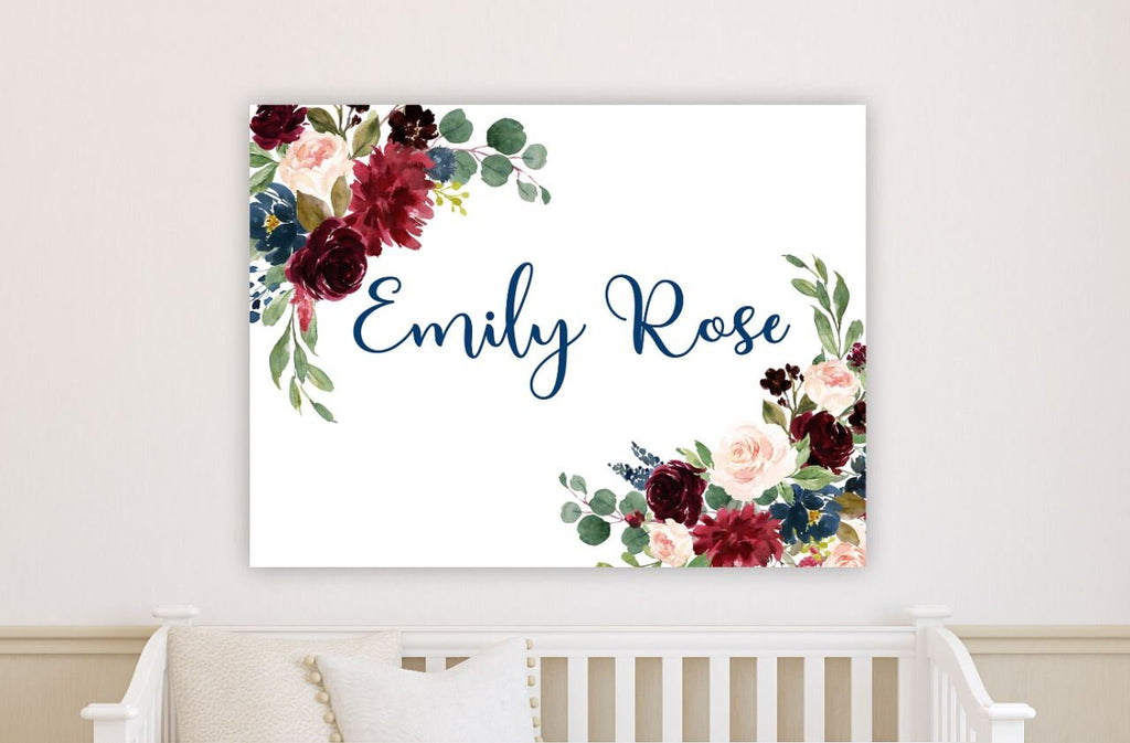 Floral Girl Nursery Wall Art Burgundy Red Blush Pink Navy Blue Flowers Name Sign Bedroom Decor Personalized Baby Shower Gift CANVAS C987