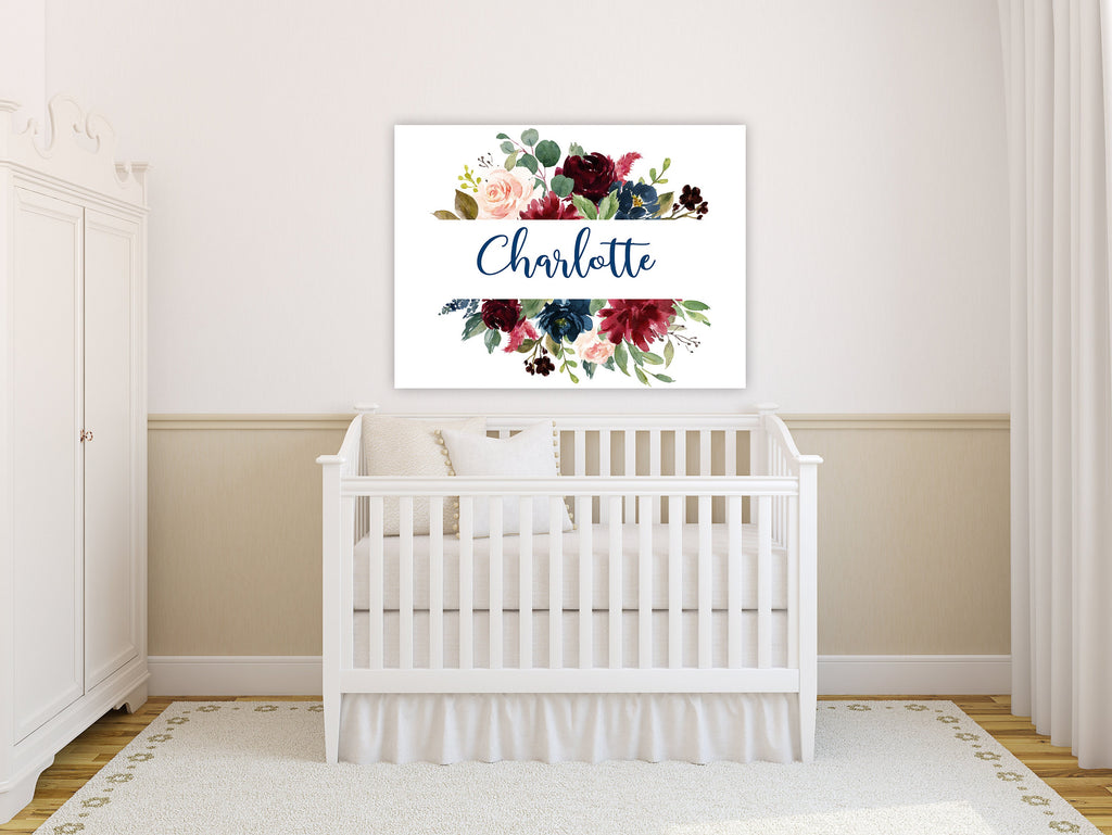 Floral Girl Nursery Wall Art Burgundy Red Blush Pink Navy Blue Flowers Name Sign Bedroom Decor Personalized Baby Shower Gift CANVAS C991