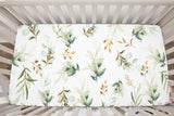 Eucalyptus Greenery Leaves Gold Nursery Decor Boy Girl Neutral Gift Collection:-Crib Sheet,16x16 Throw Pillow,3(11x14) Unframed Wall Art