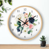 Floral Wall Clock, Navy Blue Blush Pink Watercolor Flowers Roses Nursery Wall Clock, Baby Girl Bedroom Decor 135
