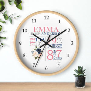 Floral Wall Clock, Navy Blue Blush Pink Watercolor Flowers Birth Announcement Birth Stats Nursery Wall Clock, Baby Girl Bedroom Decor