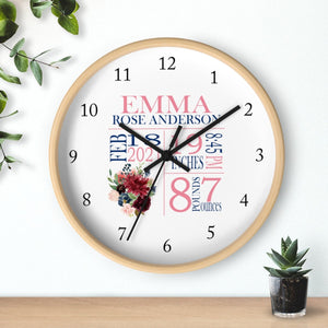 Floral Wall Clock, Burgundy Navy Blush Pink Watercolor Flowers Birth Announcement Birth Stats Nursery Wall Clock, Baby Girl Bedroom Decor