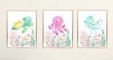 Sea  Animals Under The Sea Baby Girl Ocean Nursery Baby Shower Gifts:Crib Sheet,16x16 Throw Pillow,30x40 Minky Blanket,3(11x14) Wall Art