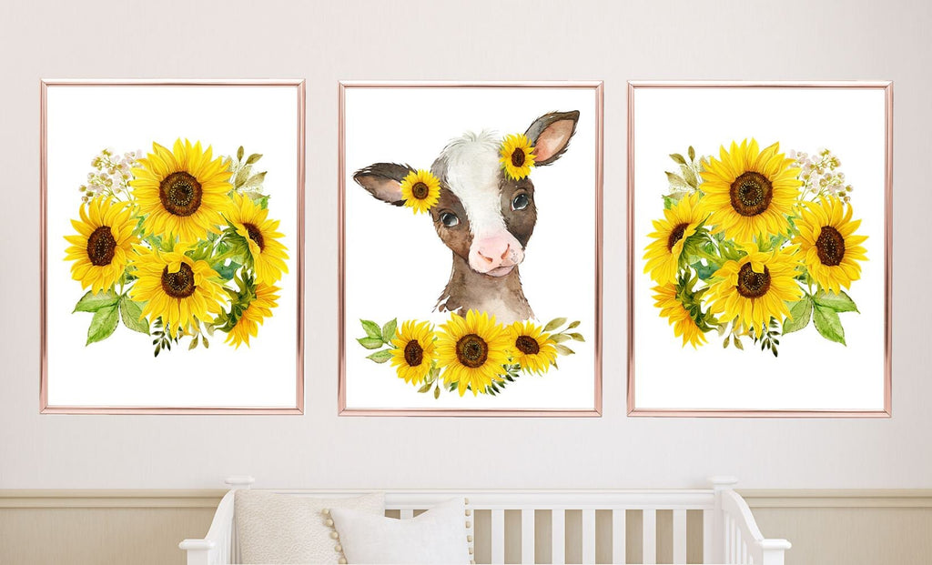 Cow Sunflowers Floral Girl Nursery Crib Bedding Set Collection Baby Gift:Crib Sheet,16x16 Throw Pillow,30x40 Minky Blanket,3(11x14) Wall Art