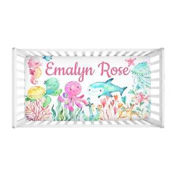 Sea Animals Animals Crib Sheet Under the Sea Watercolor Turtle Octopus Turtle Jelly Fish Baby Shower Gift Nursery Crib Mattress CoverC171